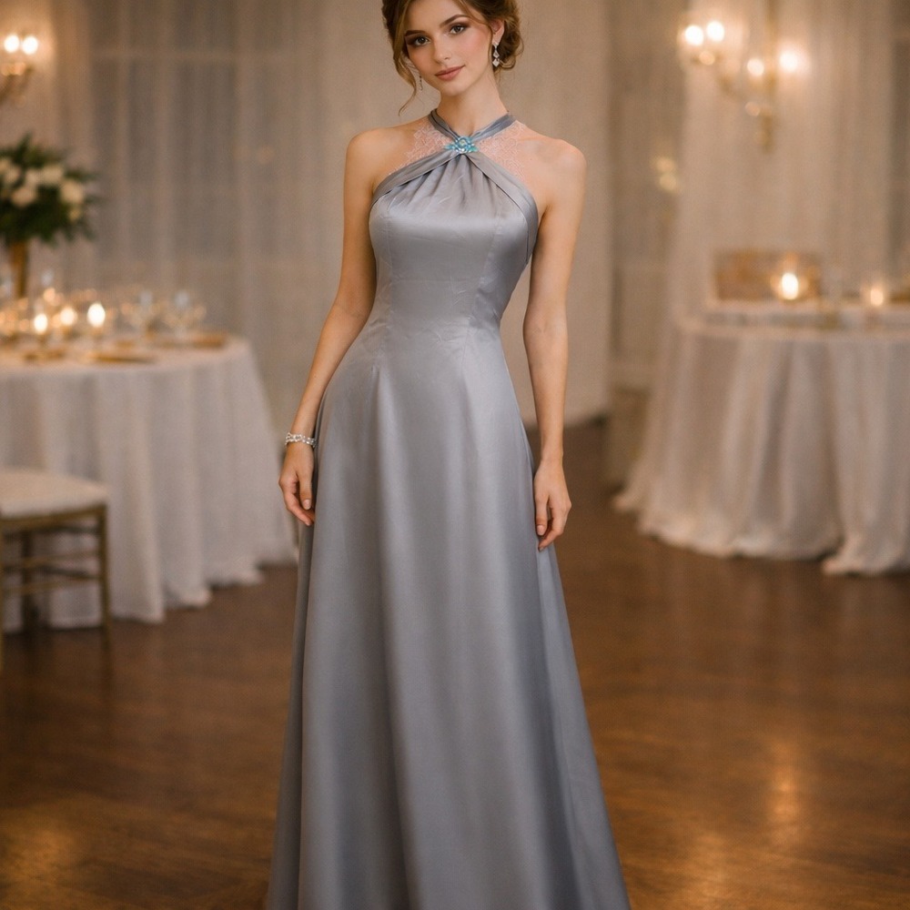 CARVEN Silver Halter‎ Neck Gown Formal Evening Event M
